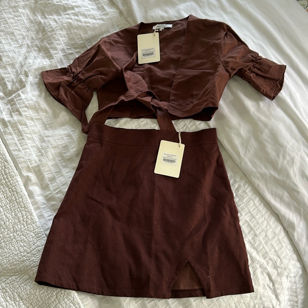 Peppermayo chocolate brown linen Luxembourg crop top and Avenue mini skirt set 2
